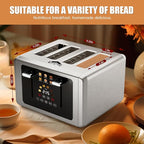 4 Slice Toaster, Touchscreen & Dual Independent Control Panel，5 Basic Functions & Digital Countdown Toasters, 6 Shade Settings＆6 Bread Types, Smart Bread Maker Mute/Screen-Off,Brushed steel