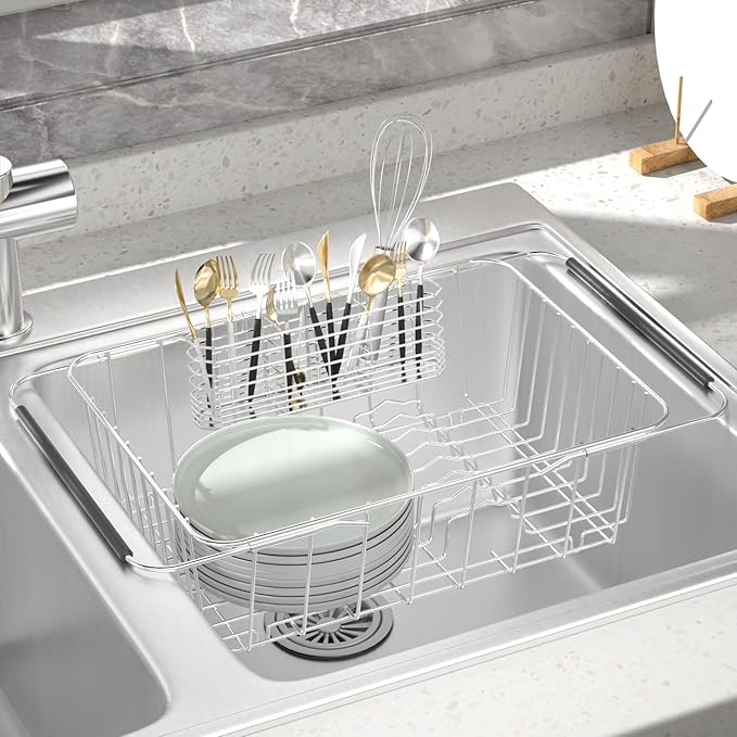 JAQ Utensil Holder for Sink, Sus304 Stainless Steel Rust Free Silverware Cutlery Flatware Holder Rack Organizer with Hooks for Dish Drying Rack Sink Dish Drainer in Kitchen Bathroom