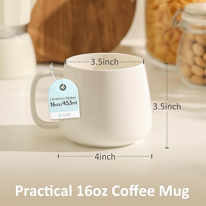 Teocera 16oz Ceramic Coffee Mugs Set of 4 – Stackable Latte Cups, Microwave, Dishwasher & Oven Safe – Ideal for Coffee, Cappuccino, Hot Chocolate, Housewarming Gifts，White