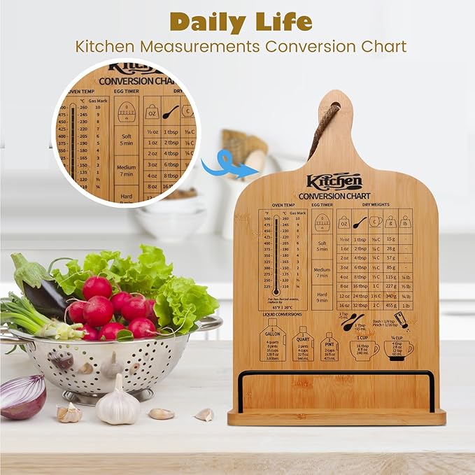 Cookbook Stand for Kitchen Counter, Bamboo Cookbook Holder, Foldable Cook Book Holder, Adjustable Recipe Book Stand, Cook Book Stand with Measurement Conversion Chart