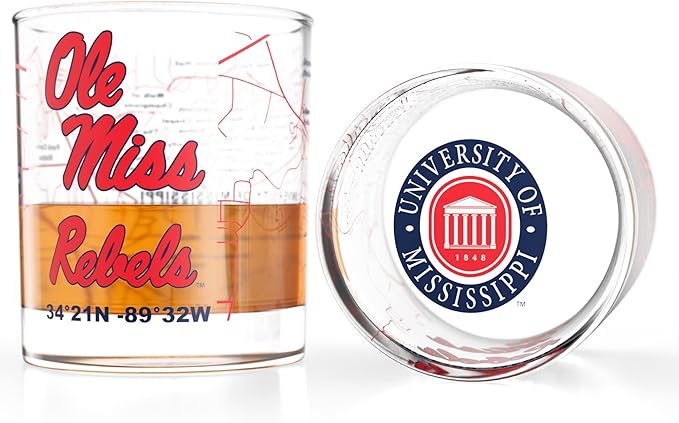 Greenline Goods – University of Mississippi Rebels College Whiskey Glasses (Set of 2), 10 oz – Full-Color Logo + Campus Map