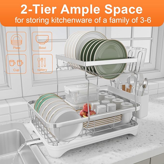 Dish Drying Rack - 304 Stainless Steel Dish Rack for Kitchen Counter, Adjustable Spout Auto-Draining Dish Rack, 2-Tier Kitchen Organizers and Storage Rack with Drainboard and Cutlery Holder White