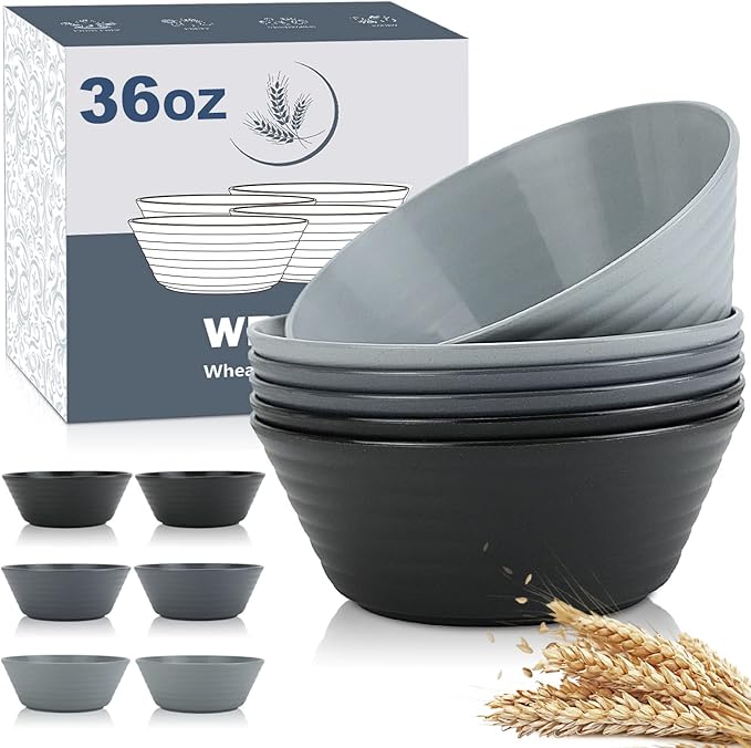 Wheat Straw Bowl Sets,6 PCS Unbreakable Cereal Bowl 36 OZ,Microwave and Dishwasher Safe Bowls,Salad Bowls for Camping,Rv,Apartment,Dorm,Party (Black Grey)