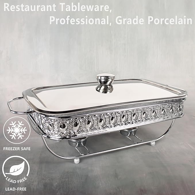 Casserole Dish 6" x 11"Glass Baking Dish with Stainless steel Lid and rack, Silver Rectangle 1.3 Qt Large Baking Pan For Casserole & Lasagna, Microwave Dishwasher Freezer Oven Safe