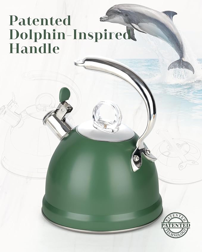 Harriet Tea Kettle Stovetop, 2.5 Quart Whistling Stainless Steel Tea Pot, 3-Layer Base, Unique Ergonomic Handle, Includes Pot Holder & Mat, Electric/Induction/Gas Stovetops Applicable, Green