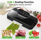 Vacuum Sealer Machine, 90Kpa 7-IN-1 Vacuum Sealer for Food Dry/Moist/Gentle Mode with Build-in Cutter and Storage, Food Vacuum Sealer Machine Tempered Glass Panel with Vacuum Bags, Vaccum Hose