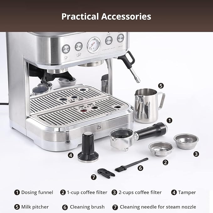 Professional Espresso Coffee Machine 20 Bar, Semi Automatic Espresso Maker With Grinder, Stainless Steel, Latte and Cappuccino Espresso Coffe Machine w/Automatic Milk Frothe for Office Cafe