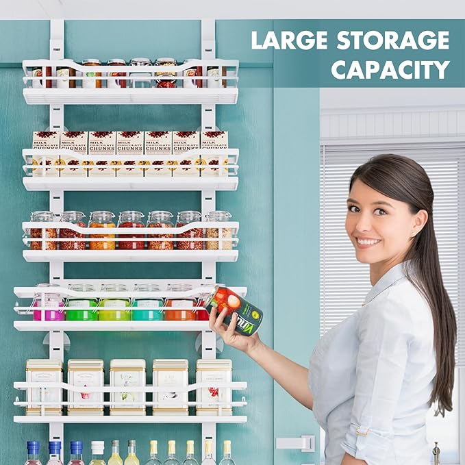 Over The Door Pantry Organizer，9-Tier Over The Door Organizer with Adjustable Basket，Metal Hanging Pantry Organizers and Storage for Kitchen, Back of Door Seasoning Rack