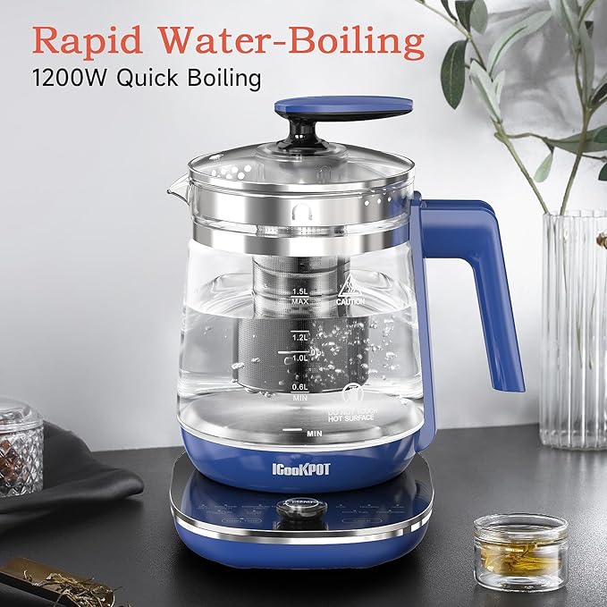 Hot Glass Electric Kettle with Tea Infuser and Temp Control, 1.5L Stainless Steel Maker & 1200W Rapid Boiling, Programmable for Teas & Coffee, Blue