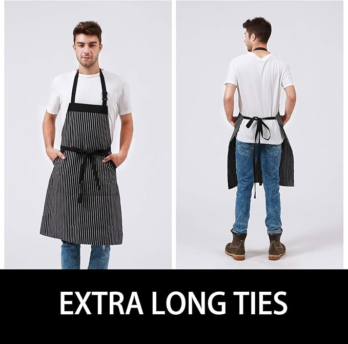 HOMWE Adjustable Bib Cotton Aprons - Adjustable Neck Strap with Extra Long Ties with 2 Pockets for Cooking, Commercial Grade Water Resistant Apron for Women & Men - Black/White Pinstripe 33x27 Inches