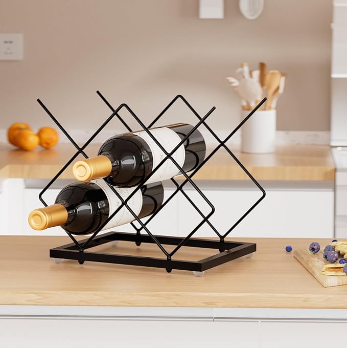Urban Deco Small Wine Rack 5 Bottle Holder - Modern Metal Wire Wine Storage for Countertop Table Top Coffee Bar Kitchen, Black