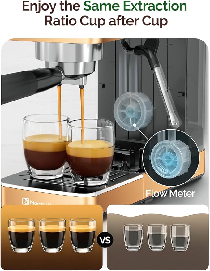 Maestri House 20 Bar ULKA Pump Espresso Machine, Compact Espresso Maker Built-in Flow Meter Steam Milk Frother, Stainless Steel Coffee Machine for Cappuccino, Latte, Rose Golden