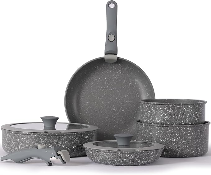 Non Stick Pot and Pan Set with Removable Handle, Ceramic Cookware Set Detachable Handle, Induction Kitchen Camping Stackable Pots Pans, Dishwasher/Oven Safe, Grey