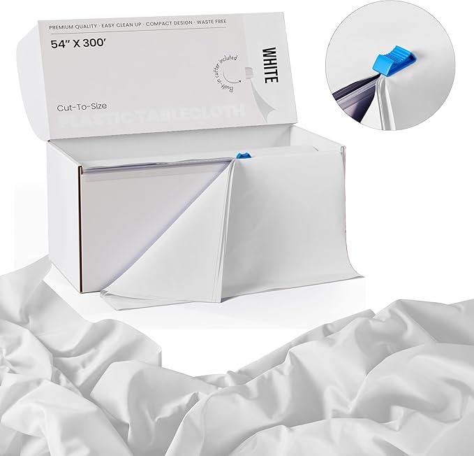 Exquisite Party Solids 54 Inch X 300 Feet White Plastic Table Cover Roll in A Cut - to - Size Box with Convenient Slide Cutter. Cuts Up to 36 Rectangle 8 Feet Plastic Disposable Tablecloths