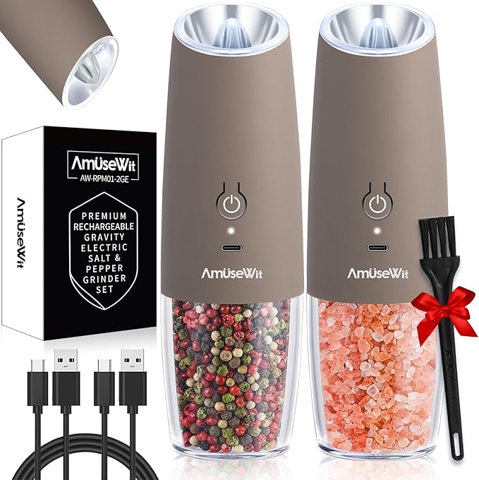 AmuseWit Gravity Electric Salt and Pepper Grinder Set [White Light] USB Rechargeable Automatic Pepper and Salt Mills,Adjustable Coarseness,One-Handed Operation,Greige