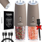 AmuseWit Gravity Electric Salt and Pepper Grinder Set [White Light] USB Rechargeable Automatic Pepper and Salt Mills,Adjustable Coarseness,One-Handed Operation,Greige