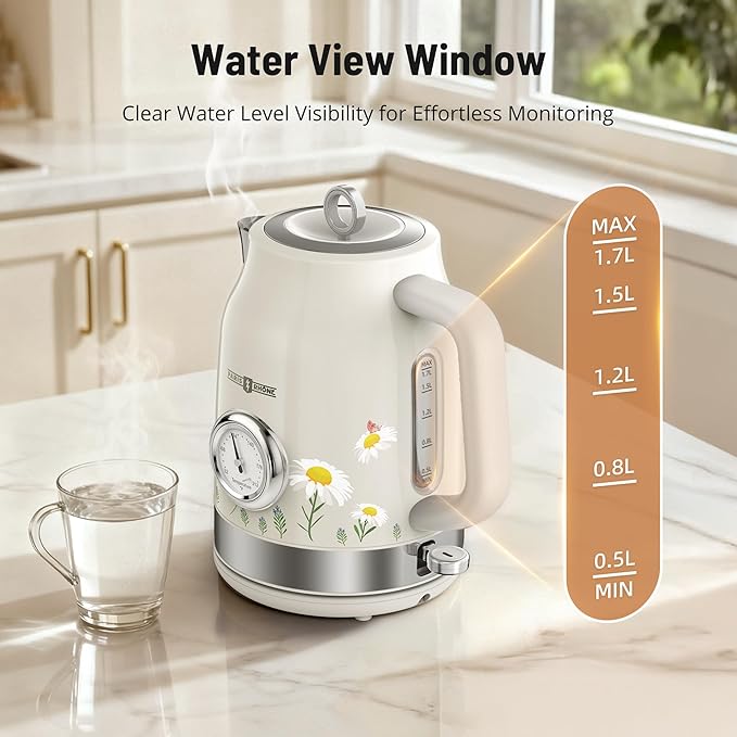 Retro Electric Kettle, PARIS RHÔNE 1.7L Hot Tea Kettle with Thermometer, 1500W Fast Heating, Cordless Design, LED Indicator, Auto Shut-Off & Boil Dry Protection