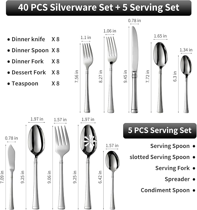 Heavy Silverware Set,45 Piece Flatware Set with Serving Utensils,18/10 Stainless Steel Cutlery Set for Kitchen,Home,Wedding,Mirror Polished,Dishwasher Safe