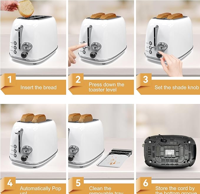 Toaster 2 slice,Retro Stainless Steel Toaster with 6 Settings, 1.5 In Extra Wide Slots, Bagel/Defrost/Cancel Function, Removable Crumb Tray (White)