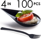 DLux 100 4-in Tear Drop Mini Appetizer Plates with Forks,Reusable Black Plastic Spoons - Desserts and Appetizers Dishes Serving Plate - Asian Spoon Set, Small Catering Dessert Tasting Cups