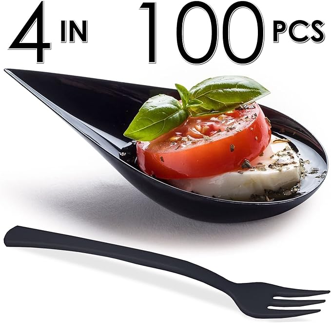 DLux 100 4-in Tear Drop Mini Appetizer Plates with Forks,Reusable Black Plastic Spoons - Desserts and Appetizers Dishes Serving Plate - Asian Spoon Set, Small Catering Dessert Tasting Cups
