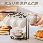 Lareina 3-Ounce Porcelain Espresso Cups Set of 6, Stackable Coffee Cups with Saucers, Spoons and Metal Stand, Ceramic Demitasse Mugs, Espresso Accessories for Machine, White