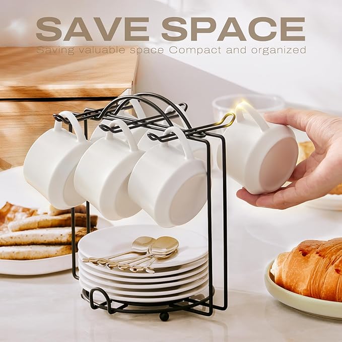 Lareina 3-Ounce Porcelain Espresso Cups Set of 6, Stackable Coffee Cups with Saucers, Spoons and Metal Stand, Ceramic Demitasse Mugs, Espresso Accessories for Machine, White