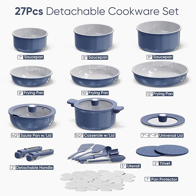 CAROTE 27pcs Ceramic Cookware Set Nonstick, Pots and Pans Set Non Stick, Non Toxic Cookware Detachable Handles, Dishwasher/Oven Safe, RV/Camping Cookware, Pan and Pot with Kitchen Utensils, Navy Blue