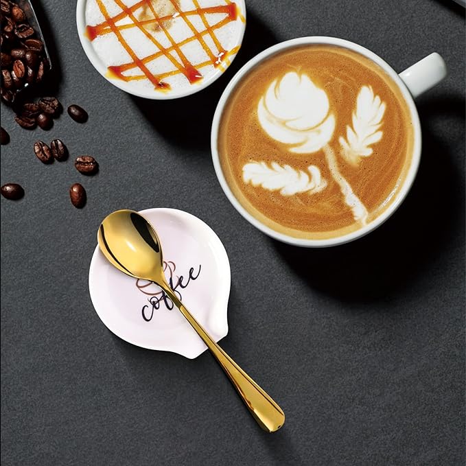 Coffee Spoon Rest with spoon, Mini Coffee Spoon Holder for Coffee Stirrers, Teaspoon, Coffee Bar Accessories, (White Coffee Spoon Rest with Pattern & Silver Ellipse Spoon)