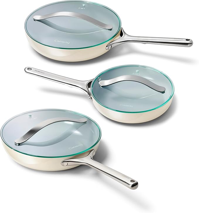 Caraway Ceramic Nonstick Fry Pan Set with Glass Lids – Includes Two 10.5” Fry Pans, One 8” Fry Pan, & Three Lids - Non Toxic, PTFE & PFOA Free - Oven Safe & Compatible with All Stovetops - Cream