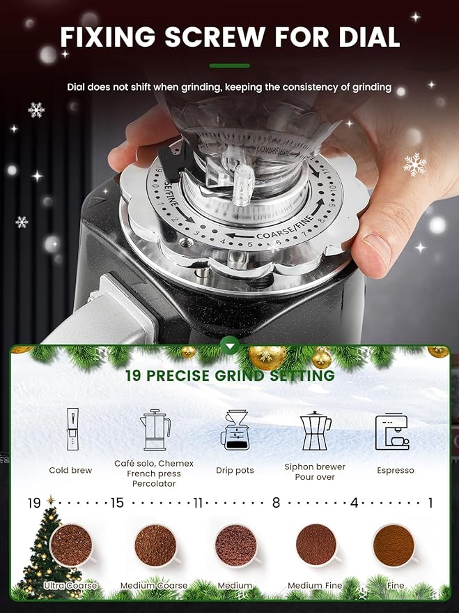 Huanyu Burr Coffee Grinder- Stainless Steel Flat Burr, 19 Precise Grind Settings, 35oz Capacity and Dual Dosing for Espresso, Hand Punch, French Press Black