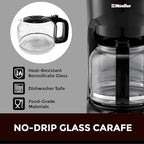Mueller 12-Cup Drip Coffee Maker - Borosilicate Carafe, Auto-Off, Reusable Filter, Anti-Drip, Keep-Warm Function, Clear Water Level Window Coffee Machine, Kitchen Essentials & Accessories