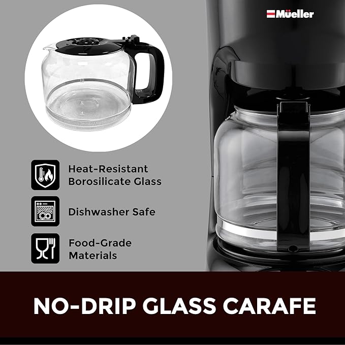 Mueller 12-Cup Drip Coffee Maker - Borosilicate Carafe, Auto-Off, Reusable Filter, Anti-Drip, Keep-Warm Function, Clear Water Level Window Coffee Machine, Kitchen Essentials & Accessories