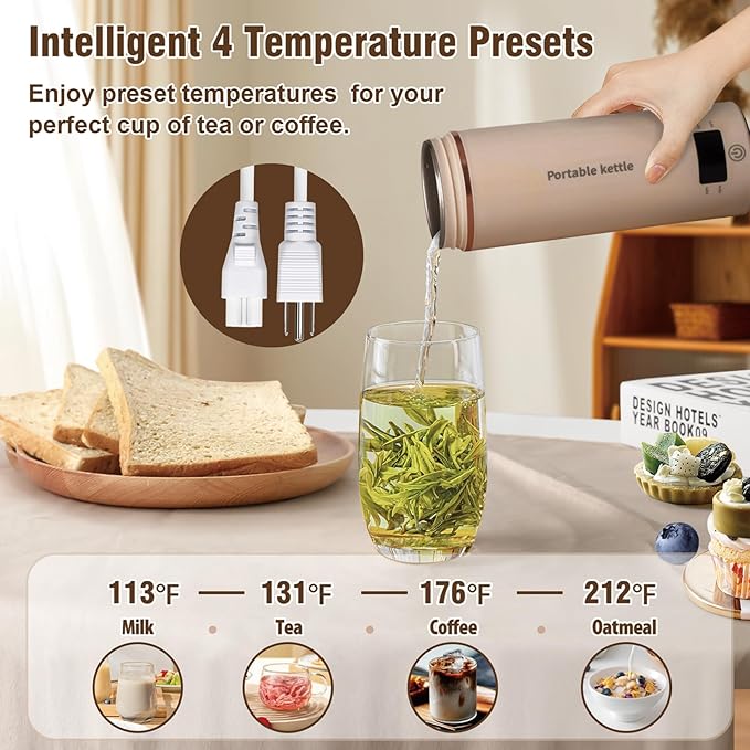 Travel Electric Kettle Portable Mini Kettle,Small Hot Water Boiler with 4 Temperature Settings,304 Stainless Steel, Fast Boiling Water with Auto Shut-Off and Boil Dry Protection,400 ml (Brown, 400ML)