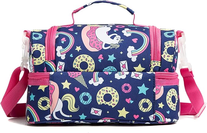 Insulated Kids Dual Compartment Lunch Bags Tote for Girls Boys Lunch Boxes Pre-School Toddler Kindergarten Picnic Camp Food Cooler Thermal with Strap