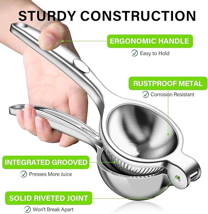 Vakoo Lemon Squeezer - Large, Heavy-Duty, Sturdy Metal Manual Juicer for Lemon, Lime & Citrus, Hand Press for Maximum Juice Extraction - Large, Silver
