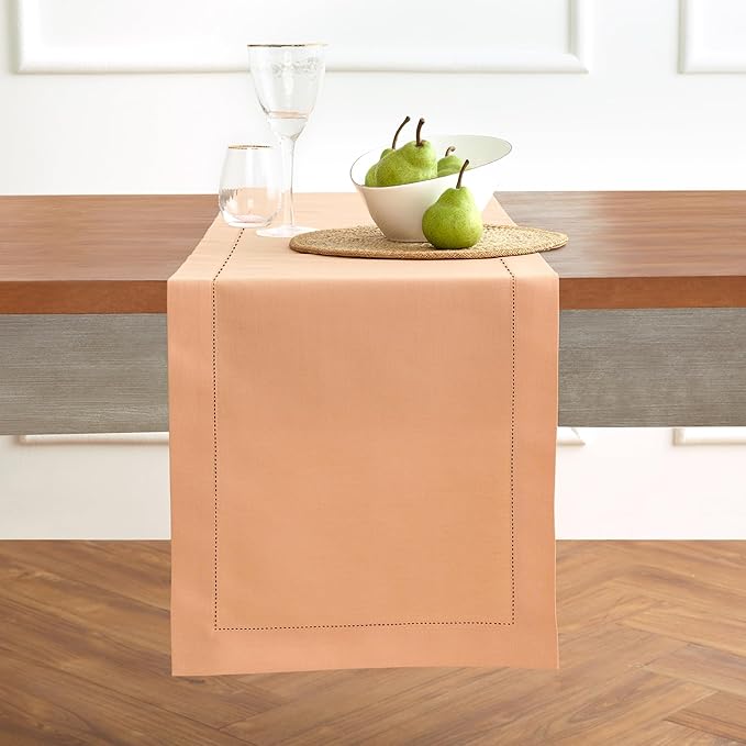 Solino Home Cotton Linen Table Runner 60 Inches - Peach Bloom Hemstitch Table Runner 14 x 60 Inch Ideal for Dresser and Coffee Tables - Summer