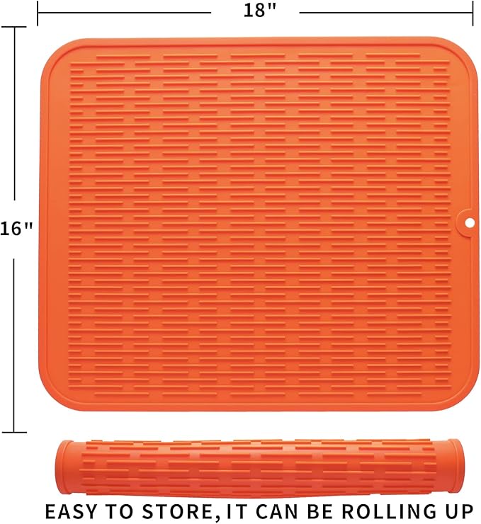 Silicone Dish Drying Mat for Multiple Usage,Easy clean,Eco-friendly,Heat-resistant Silicone Mat for Kitchen Counter or Sink,Refrigerator or Drawer Liner Orange XL 18 inches x 16 inches
