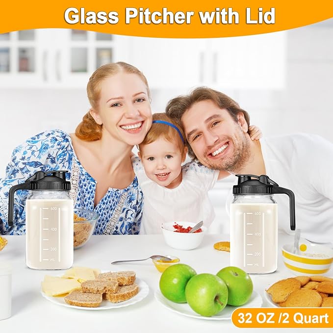 32 OZ Mason Jars with Lid, Glass Pitcher Double Leak Proof with Pour Spout Handle, 2 Quart Wide Mouth Breast Milk Pitcher for Fridge, Creamer Container for Coffee, Sun Tea(Black,1 Pack)