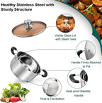 TeamFar 3 Quart Stock Pot, Stainless Steel Stock Pasta Soup Pot with Lid, Tempered Glass Lid & Double Heat-Proof Handles, Non-Toxic & Healthy, Heavy Duty & Dishwasher Safe