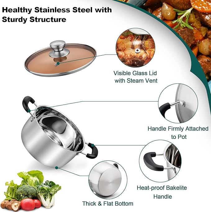 TeamFar 3 Quart Stock Pot, Stainless Steel Stock Pasta Soup Pot with Lid, Tempered Glass Lid & Double Heat-Proof Handles, Non-Toxic & Healthy, Heavy Duty & Dishwasher Safe