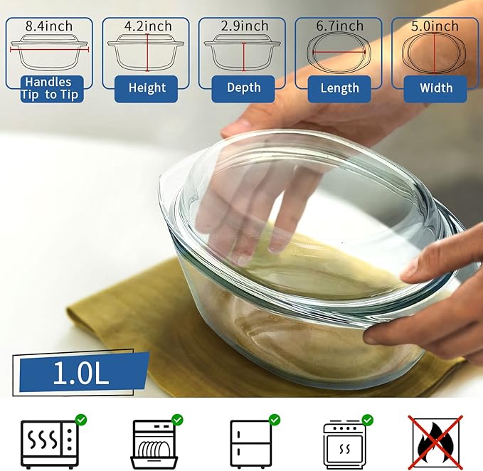 Mini-1 QT Oval Glass Casserole Dish With Lid, (Single Serving) Glass small casserole dish with lid, Glass Casseroles With Glass Lids, Microwavable Glass Casseroles Dishes, Glass Dish with Glass Lid