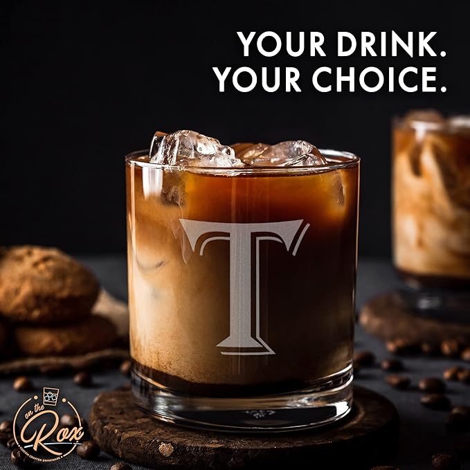 (T-Monogram)- 4 Piece Set of 11 Ounce Engraved Heavy Base Rocks Glasses Elegant Glass-Multi-Purpose Beverage-Rocks Glass- Gift for any Occasion- By: On The Rox