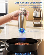 CIRCLE JOY Gravity Electric Salt and Pepper Grinder Set Stainless Steel Automatic Salt and Pepper Grinder Set, Battery Operated, LED Light, Adjustable Coarseness, for Home Kitchen BBQ, Silver