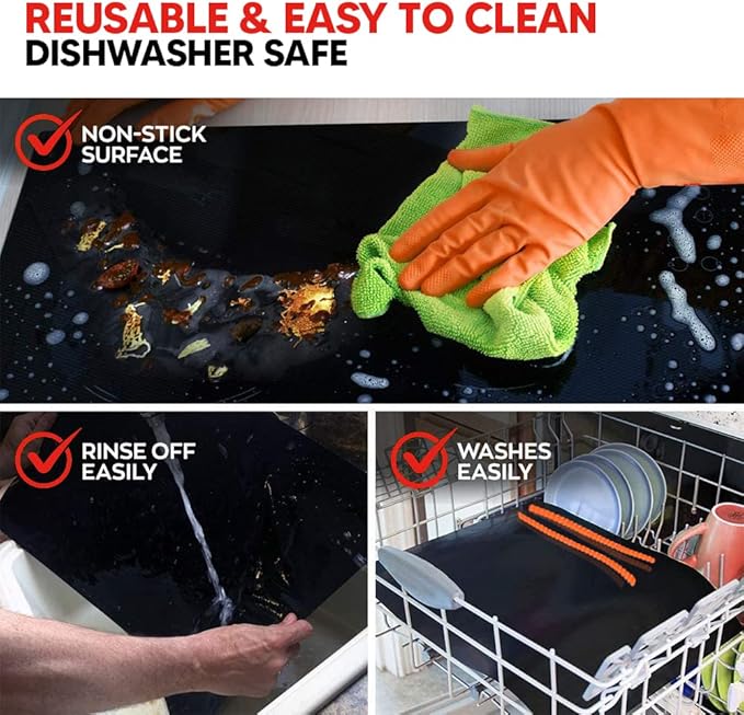 Oven Liners for Bottom of Oven Black (4-pack) Bundled with Rack Shield (4-pack) - Large Mat for Bottom of Range (17"x 25") and 14" Orange Stove Guards for Racks - Reusable & Heat Resistant