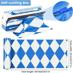 100 Ft x 54 Inch Oktoberfest Plastic Tablecloth Roll with Slide Cutter Box Disposable Bavarian Blue & White Argyle Design, Waterproof Blue Diamond Table Cover for Festivals Events Party Decor