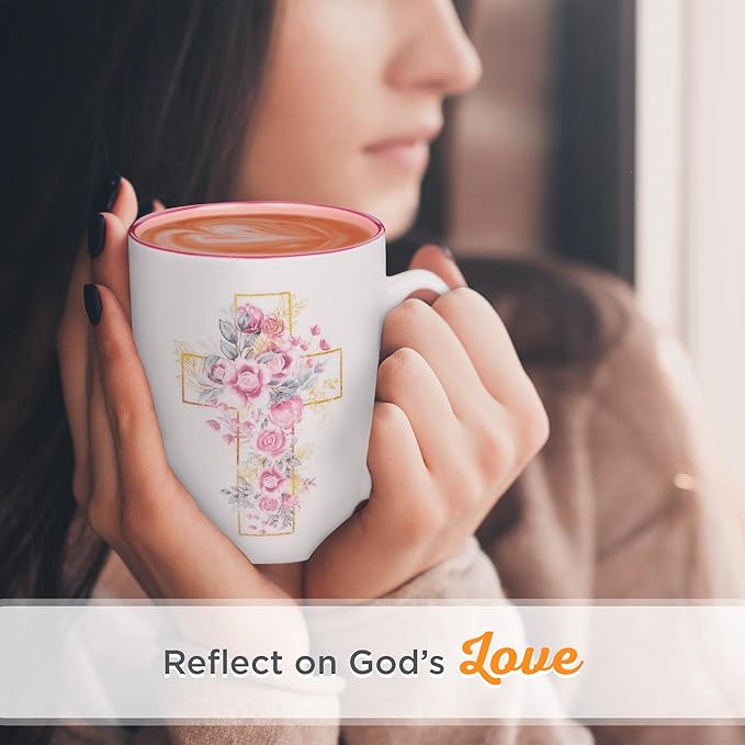 Christian Art Gifts Encouraging Ceramic Coffee & Tea Mug for Women: Rosy Pink Floral Cross, Microwave & Dishwasher Safe Cup, Cute Lead-free Inspirational Encouraging Novelty Drinkware, White, 12 oz.
