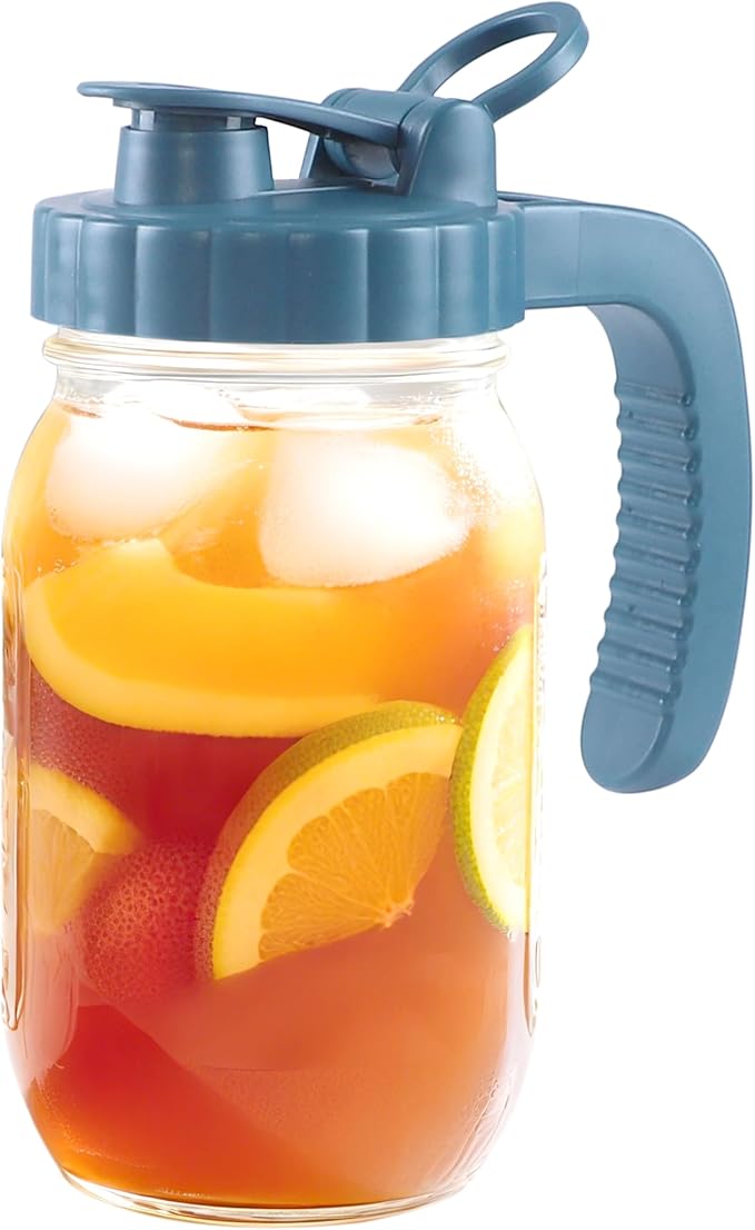 Mason Jar Pitcher 32 OZ With Pour Spout Lids 1 Quart Wide Mouth Water Pitcher Airtight And Leakproof Glass Carafe With Handle And Flip Cap For Milk, Iced Tea, Cold Brew Coffee, Juice, Infused Water