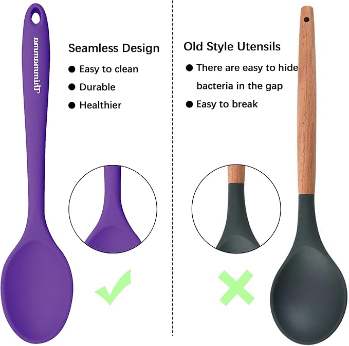 Silicone Spoon for Cooking, BPA Free Silicone Slotted Solid Spoons Set Heat Resistant, Dishwasher Safe Nonstick Silicone Kitchen Serving Spoon Set for Mixing Basting Stirring, Purple