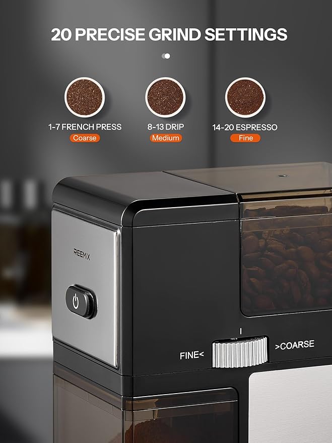 Electric Burr Coffee Grinder, Reemix Automatic Flat Burr Coffee for French Press, Drip Coffee and Espresso, Adjustable Burr Mill, Black+Silver